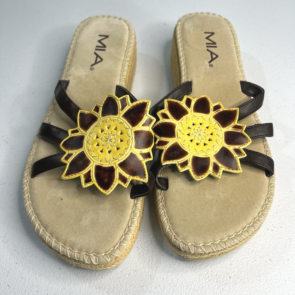 Mia Sandals Size 7.5‎ M Yellow Blossom Sunflower Espadrille Open Toe Slide Y2K